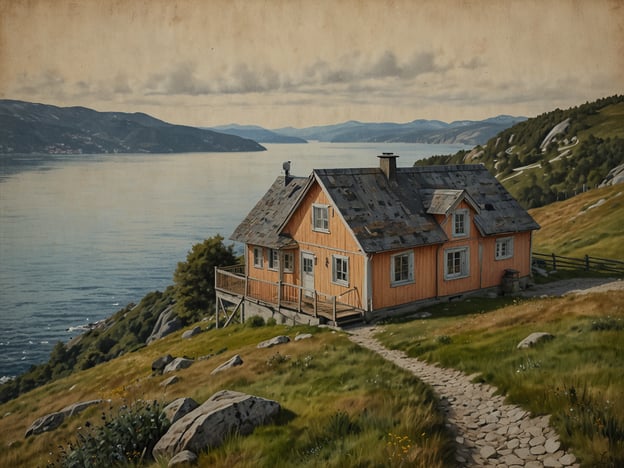 Auf dem Bild ist ein malerisches, altes Holzhaus zu sehen, das auf einem Hügel mit Blick auf einen Fjord steht. Die Umgebung ist von grünen Wiesen und Felsen geprägt, was eine ruhige und idyllische Atmosphäre schafft.In Bergen, Norwegen, könnte man an kulturelle Highlights wie den historischen Hanseviertel Bryggen denken, das für seine bunten Holzhäuser bekannt ist. Zudem zieht der Fløyen, ein Berg mit atemberaubender Aussicht auf die Stadt, viele Besucher an. Die Edvard Grieg-Halle und das Fischmarkt sind weitere wichtige kulturelle Anlaufstellen, die die Verbindung zur Geschichte und Natur der Region verdeutlichen.