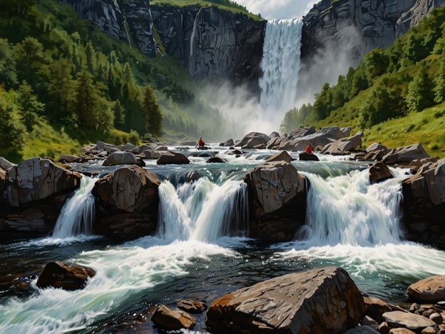 Auf dem Bild sieht man eine malerische Landschaft mit Wasserfällen und einem klaren Fluss, umgeben von üppigem Grün und hohen Bergen. Im Geirangerfjord kann man ähnliche beeindruckende Naturszenen erleben, bei Aktivitäten wie:1. **Wanderungen**: Entdecken Sie atemberaubende Aussichten auf gut markierten Wanderwegen, die zu spektakulären Aussichtspunkten führen.2. **Kajakfahrten**: Paddeln Sie durch die ruhigen Gewässer des Fjords und erleben Sie die Umgebung aus einer anderen Perspektive.3. **Bootstouren**: Unternehmen Sie eine geführte Bootstour, um die majestätischen Wasserfälle und die steilen Klippen zu bewundern.4. **Naturbeobachtung**: Halten Sie Ausschau nach Wildtieren und genießen Sie die vielfältige Flora und Fauna der Region.Der Geirangerfjord bietet zahlreiche Möglichkeiten, die Natur hautnah zu erleben und die Schönheit der norwegischen Landschaft zu genießen.