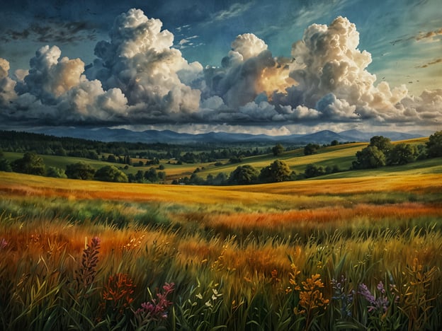 Auf dem Bild ist eine malerische Landschaft zu sehen, die von weiten, sanften Hügeln und einem bunten Feld mit hohen Gräsern und Blumen geprägt ist. Der Himmel ist mit eindrucksvollen, fluffigen Wolken geschmückt, die das Licht auf faszinierende Weise reflektieren.**Erlebnis:** Man könnte sich vorstellen, wie die sanfte Brise über die Wiesen weht und die Farben im Sonnenlicht leuchten. Es ist eine Stimmung der Ruhe und des Friedens, die zum Verweilen einlädt.**Ausblick:** Was dich erwartet, ist eine Einladung, durch diese natürliche Schönheit zu spazieren, die frische Luft einzuatmen und die Vielfalt der Natur zu entdecken. Es ist ein Ort, an dem man die Sorgen des Alltags hinter sich lassen kann und den Zauber der Landschaft genießen darf.