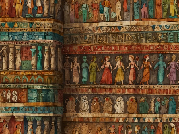 Auf dem Bild ist eine künstlerische Darstellung, die von der Antike inspiriert ist und verschiedene Figuren und Symbole zeigt. Diese Art von Bild kann eine Vielzahl kultureller und historischer Aspekte darstellen, wie zum Beispiel religiöse Rituale, gesellschaftliche Strukturen oder mythologische Geschichten vergangener Zivilisationen.In Bezug auf die Trolltunga, die eine berühmte Felsformation in Norwegen ist, hat diese auch eine bedeutende kulturelle und historische Rolle. Trolltunga, was "Zunge des Trolls" bedeutet, wurde im Laufe der Jahre zu einem Symbol für die norwegische Natur und Kultur. Die spektakuläre Aussicht von der Felsformation zieht nicht nur Touristen an, sondern ist auch Teil von Norwegens Folklore und Mythen, in denen Trolle eine wichtige Rolle spielen. Der Ort ist nicht nur ein beliebtes Wanderziel, sondern bietet auch einen Einblick in die Beziehung der Menschen zur atemberaubenden Natur und ihren Legenden.