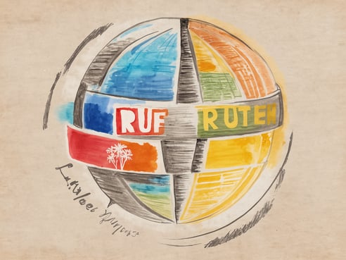 Ein handgezeichnetes Logo zeigt eine stilisierte Weltkugel, die in verschiedene bunte Segmente unterteilt ist. In den Segmenten sind die Worte RUF und RUTEN in verschiedenen Farben dargestellt. Um die Kugel sind dünne, schwarze Linien, die Bewegung andeuten. Im unteren Bereich ist eine kleine Palmenzeichnung neben den Worten „E. Raphael Durieu“. Das Bild vermittelt einen freundlichen und lebendigen Eindruck, der mit den Themen Jugendreisen 2025, neuen Zielen und coolen Programmen in Verbindung steht.
