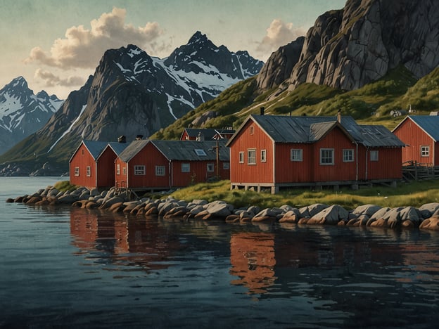 Auf dem Bild sind charakteristische rote Holzhäuser zu sehen, die entlang einer Küste stehen. Diese Architektur ist typisch für die Lofoten, eine Inselgruppe in Norwegen, bekannt für ihre beeindruckenden Landschaften aus Bergen und Fjorden. Die rote Farbe der Häuser, oft Reihencottages oder „Rorbuer“ genannt, hat eine lange Tradition, die mit der Fischerei verbunden ist. Historisch gesehen lebten Fischer in diesen Hütten während der intensiven Fischerei-Saison, insbesondere während des Lofoten-Fischfangs im Winter, wenn der Kabeljau in großen Mengen gefangen wurde.Die umliegenden Berge und das ruhige Wasser spiegeln die atemberaubende Natur der Region wider, die nicht nur für ihre Schönheit, sondern auch für ihre reiche Kultur bekannt ist. Die Lofoten sind auch ein Ort des kulturellen Erbes, wo alte Traditionen der Fischerei, Kunst und Handwerk weiterhin gepflegt werden. In den letzten Jahren hat sich der Tourismus verstärkt, was zur Erhaltung und Wiederbelebung der traditionsreichen Siedlungen beiträgt.