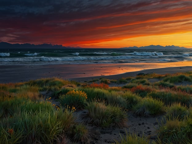 Auf dem Bild ist eine malerische Küstenlandschaft bei Sonnenuntergang zu sehen, mit Wellen, die sanft an einen sandigen Strand schlagen, und üppigem Grün im Vordergrund.Die beste Reisezeit für die Lofoten-Inseln ist in der Regel von Mai bis September, wenn das Wetter milder ist und die Tage länger werden, was ideale Bedingungen für die Erkundung der atemberaubenden Landschaft bietet. In dieser Zeit gibt es auch bessere Chancen, die Mitternachtssonne zu erleben.