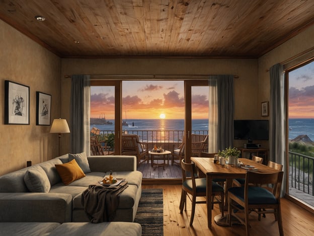 Auf dem Bild ist ein gemütlicher Raum mit einem schönen Blick auf einen Sonnenuntergang über dem Meer zu sehen. Es gibt eine stilvolle Sofaecke und einen Esstisch, der einladend wirkt. Um die Atmosphäre zu genießen, könnte man folgende empfohlene Unterkünfte und Gastronomie in der Nähe in Betracht ziehen:### Empfohlene Unterkünfte:1. **Strandresort XYZ** – Luxuriöse Zimmer mit Meerblick und direktem Zugang zum Strand.2. **Ferienwohnung am Meer** – Gemütliche Apartments mit voll ausgestatteten Küchen und Balkon.### Gastronomie:1. **Fischrestaurant „Zur Welle“** – Frische Meeresfrüchte und lokale Spezialitäten mit Blick auf das Wasser.2. **Café „Sonnenblick“** – Ideal für ein entspanntes Frühstück oder einen Nachmittagstee mit Panoramablick.Genießen Sie den schönen Ausblick und die entspannende Atmosphäre!