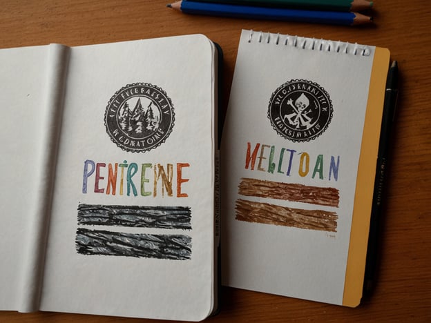 Auf dem Bild sind zwei Skizzenbücher zu sehen, die mit handgezeichneten Etiketten und Symbolen gestaltet sind. Die Begriffe „PENTRËINE“ und „WELLTOAN“ scheinen Namen oder Bezeichnungen für bestimmte Themen zu sein, möglicherweise im Zusammenhang mit Natur oder Umwelt.Die Symbole im oberen Bereich der Bücher könnten auf einen Fokus auf Nachhaltigkeit oder Umweltbewusstsein hinweisen, insbesondere wenn sie sich auf Naturschutz oder sicherheitsrelevante Themen beziehen.Solche Illustrationen könnten dazu dienen, das Bewusstsein für die Bedeutung des Schutzes unserer natürlichen Ressourcen zu fördern und dabei Sicherheit im Umgang mit der Natur zu betonen.