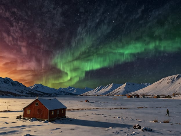 Auf dem Bild ist eine atemberaubende Szene mit einem roten Holzhaus in einer verschneiten Landschaft zu sehen, während das Nordlicht in lebhaften Grüntönen den Himmel erhellt. Die Umgebung ist von majestätischen Bergen umgeben, und der Himmel zeigt sowohl Sterne als auch Farben des Sonnenuntergangs.### Anreise:1. **Flugzeug**: Der nächstgelegene Flughafen ist meist in einer größeren Stadt, wie z.B. Reykjavik, wenn du in Island bist. Von dort aus gibt es regelmäßig Inlandsflüge oder Busverbindungen zu abgelegenen Orten.2. **Auto**: Miete ein Auto, um die malerischen Landschaften und Naturwunder zu erkunden. Achte darauf, dass du ein geeigneteres Fahrzeug für winterliche Bedingungen wählst.### Praktische Tipps:- **Zeitpunkt**: Besuche die Region während des Winters (von Oktober bis März), um die besten Chancen auf das Nordlicht zu haben.- **Kleidung**: Ziehe dich warm an! Mehrere Schichten, eine wasserdichte Jacke, Handschuhe und eine warme Mütze sind essentiell.- **Unterkunft**: Buche im Voraus, insbesondere in beliebten Regionen. Viele Orte bieten spezielle Nordlicht-Beobachtungsangebote.- **Fotografie**: Bring ein Stativ und eine Kamera mit manuellen Einstellungen mit, um das Nordlicht optimal festzuhalten.- **Geduld**: Manchmal muss man etwas warten, um das Nordlicht in voller Pracht zu sehen – bringe eine Decke mit und genieße die Schönheit der Umgebung!