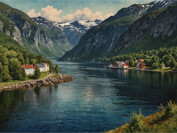 Auf dem Bild ist eine malerische Fjordlandschaft zu sehen, die an den Sognefjord erinnert, Norwegens längstem und tiefstem Fjord. Die Umgebung ist von hohen, majestätischen Bergen und üppigem Grün geprägt. Am Ufer des Fjords stehen einige charmante Gebäude, die typisch für die Region sind.Eine mögliche Attraktion in dieser Gegend könnte das malerische Dorf Balestrand sein, bekannt für seine historischen Holzhäuser und Kunstszene. Auch der Nigardsbreen-Gletscher ist nicht weit entfernt und bietet spektakuläre Ausblicke. Die Wanderwege in der Umgebung laden dazu ein, die unberührte Natur zu erkunden und die atemberaubende Aussicht auf den Fjord und die Berge zu genießen.