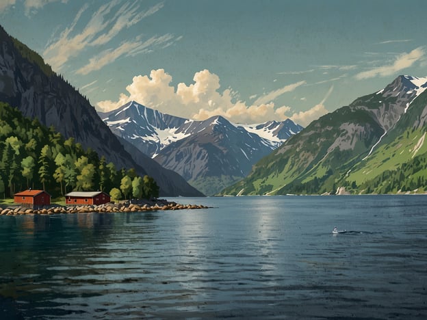 Auf dem Bild ist eine malerische Landschaft zu sehen, die von hohen Bergen und einem ruhigen Gewässer geprägt ist. Rote Holzhäuser stehen am Ufer, umgeben von grünen Bäumen und steilen Hängen. Die Bergspitzen sind mit Schnee bedeckt, was auf eine alpine Region hindeutet.### Reiseplanung und Tipps für deinen Besuch:1. **Beste Reisezeit**: Die Monate von Mai bis September sind ideal, da das Wetter mild und die Landschaft in voller Blüte ist.2. **Unterkünfte**: Suchen Sie nach charmanten Hütten oder kleinen Hotels in der Nähe des Wassers, um die atemberaubende Aussicht zu genießen.3. **Aktivitäten**: - **Wandern**: Es gibt zahlreiche Wanderwege in der Umgebung, die verschiedene Schwierigkeitsgrade bieten. - **Kanu- oder Kajakfahren**: Mieten Sie ein Boot, um den See zu erkunden und die Natur hautnah zu erleben. - **Fotografie**: Die Landschaft ist ideal für Fotografen, bringen Sie also Ihre Kamera mit.4. **Essen**: Probieren Sie lokale Spezialitäten in den Restaurants der Region. Oft gibt es frische Fischgerichte und regionale Produkte.5. **Transport**: Ein Auto ist empfehlenswert, um die abgelegenen Strecke und die umliegenden Attraktionen flexibel zu erkunden.6. **Natur respektieren**: Achten Sie darauf, die Natur zu schützen und keinen Müll zu hinterlassen.Viel Spaß bei Ihrer Reise!