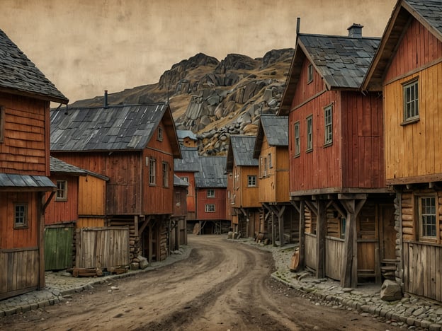 Auf dem Bild sind alte, hölzerne Gebäude in einer ländlichen Umgebung zu sehen, die an die Traditionen des Bergbaus erinnern. Diese Art von Architektur ist typisch für Røros, eine historische Stadt in Norwegen, die im 17. Jahrhundert gegründet wurde und für ihren Kupferbergbau bekannt ist. Die rot- und holzfarbenen Häuser reflektieren die bergbauliche Vergangenheit der Region, in der der Abbau von Kupfer nicht nur die Wirtschaft, sondern auch die soziale Struktur prägte.Røros war ein bedeutendes Bergbauzentrum, das UNESCO-Weltkulturerbe ist, und spiegelt die einzigartige Verbindung zwischen Mensch und Natur wider, die durch den Bergbau entstanden ist. Die steinigen Hügel im Hintergrund könnten die Überreste von alteingesessenen Bergwerken darstellen, die die Landschaft und Geschichte dieser faszinierenden Stadt formen.