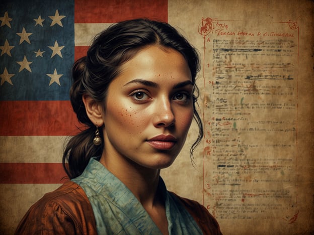 Auf dem Bild sieht man eine junge Frau vor dem Hintergrund der amerikanischen Flagge, umgeben von alten, handschriftlichen Manuskripten. Die amerikanische Flagge symbolisiert Freiheit und Unabhängigkeit, während die handschriftlichen Dokumente auf die reiche Geschichte und die Traditionen der USA hinweisen, die oft mit Einwanderung, Bildung und kulturellem Austausch in Verbindung gebracht werden.Die Darstellung der Frau könnte ein Hinweis auf die Vielfalt der amerikanischen Identität sein, die aus verschiedenen Kulturen und ethnischen Hintergründen besteht. Ihre traditionelle Kleidung könnte eine Verbindung zu historischen oder indigenen Kulturen darstellen, und die Punkte auf ihrem Gesicht könnten kulturelle Bedeutungen haben, die in verschiedenen Gesellschaften unterschiedliche Traditionen symbolisieren.Insgesamt spiegelt das Bild die Synthese von Tradition und Moderne wider und lädt dazu ein, über die kulturellen Einflüsse nachzudenken, die die amerikanische Gesellschaft geprägt haben.