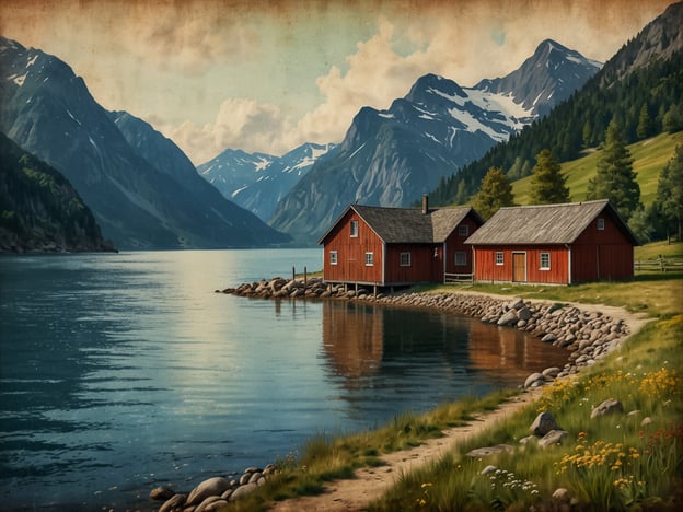 Das Bild zeigt eine idyllische Landschaft mit roten Holzhäusern am Ufer eines klaren Gewässers, umgeben von majestätischen Bergen und einer grünen Wiese. Diese Art von Motiven ist für die Region Stavanger in Norwegen typisch. Die Stadt hat eine faszinierende Geschichte, die bis ins Mittelalter zurückreicht. Als Zentrum des norwegischen Fischereihandels entwickelte sich Stavanger zu einer bedeutenden Hafenstadt.Die charmanten roten Häuser erinnern an die traditionelle Architektur der Region, die oft in der Nähe von Fjorden zu finden ist. Diese Kombination aus Natur und historischer Bauweise spiegelt den Reichtum der norwegischen Kultur und Geschichte wider, die tief mit der See verbunden ist. Stavanger ist auch bekannt für seine beeindruckenden Fjorde und die atemberaubende Landschaft, die Besucher aus aller Welt anzieht.