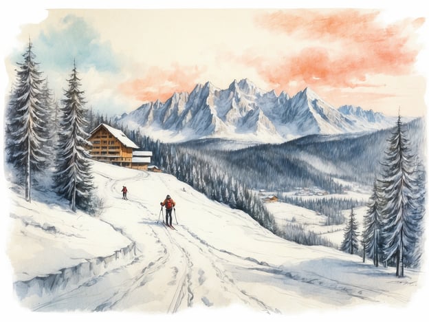 Auf dem Bild ist eine malerische Winterlandschaft zu sehen, die einem Skigebiet ähnelt. Es gibt schneebedeckte Berge im Hintergrund, einen kulturhistorischen Holzbau und einige Skifahrer, die die Piste hinuntergleiten. Diese Anordnung erinnert an die Geschichte des Skigebiets Geißkopf in Bayern.Der Geißkopf ist bekannt für seine malerischen Abfahrten und seine alpine Umgebung. Die Region begann in den 1950er Jahren, sich als Wintersportziel zu entwickeln, und bietet heute zahlreiche Pisten und Langlaufloipen, die sowohl für Anfänger als auch für erfahrene Skifahrer geeignet sind. Historisch gesehen hat sich das Gebiet dank seiner naturnahen Lage und der familienfreundlichen Angebote zu einem beliebten Ziel entwickelt. Die Kombination aus schönen Landschaften und erstklassigen Skiangeboten zieht jedes Jahr viele Besucher an.