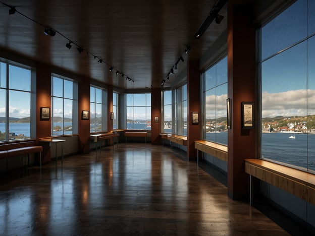 Auf dem Bild ist ein Innenraum mit großen Fenstern zu sehen, der einen Blick auf eine malerische Landschaft bietet. Diese Art von Raum könnte in einem Museum oder einer Galerie sein. Wenn du die Umgebung erkunden möchtest, sind einige Sehenswürdigkeiten, die du nicht verpassen solltest:1. **Fjordlandschaften** – Die norwegischen Fjorde sind atemberaubend und bieten spektakuläre Ausblicke und Wanderungen.2. **Museen** – Besuche das Munch Museum oder das Fram Museum in Oslo, um mehr über die Kunst und die maritime Geschichte zu erfahren.3. **Historische Stätten** – Die Festung Akershus in Oslo ist ein tolles Ziel, um mehr über die Geschichte Norwegens zu erfahren.4. **Kunstgalerien** – Die Astrup Fearnley Museen für moderne Kunst ist ein weiteres Highlight in Oslo.Diese Sehenswürdigkeiten werden dir unvergessliche Eindrücke von der norwegischen Kultur und Natur vermitteln!
