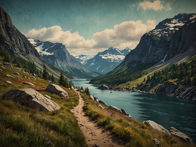Auf dem Bild zeigt sich eine malerische Landschaft mit majestätischen Bergen und einem klaren Gewässer, umgeben von üppigem Grün und bunten Wildblumen. Diese Szenerie könnte eine Wanderung rund um Kjeragbolten perfekt widerspiegeln.Wenn man in dieser Region wandert, erlebt man atemberaubende Ausblicke auf die Fjorde und steilen Klippen. Der Weg führt durch wunderschöne Täler, wo man die frische, klare Luft einatmet und die Stille der Natur genießen kann. Der Höhepunkt einer Wanderung zum berühmten Kjeragbolten, dem imposanten Felsen, der zwischen zwei Klippen eingeklemmt ist, bietet Nervenkitzel und einzigartige Fotomotive.Die Wanderung kann anspruchsvoll sein, aber die Belohnungen sind unvergesslich: Panoramablicke, die sich über das Tal ausbreiten, und das Gefühl, Teil dieser beeindruckenden Landschaft zu sein.