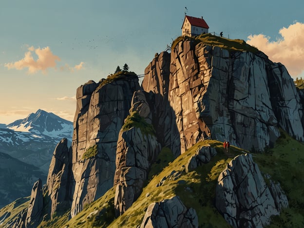 Das Bild zeigt eine malerische Berglandschaft mit einem markanten Felsen, der an den Kjeragbolten erinnert. Kjeragbolten ist ein berühmter Felsblock, der zwischen zwei Felswänden in Norwegen eingeklemmt ist. Er gilt als beliebtes Ziel für Wanderer und Abenteurer, die sich auf der Plattform postieren und Fotos machen, oft als Herausforderung, ihre Höhenangst zu überwinden.Die Gegend um Kjeragbolten bietet beeindruckende Ausblicke auf die umliegenden Fjorde und Berghänge und ist ein Teil der norwegischen Kultur, die eng mit der Natur verbunden ist. Die Legende besagt, dass der Felsblock von einem Riesen ins Tal geworfen wurde, aber über einem Abgrund hängen blieb. Diese Geschichten und Mythen verleihen der Region eine mystische Aura und ziehen zahlreiche Touristen an.Die Wanderung zu Kjeragbolten erfordert gute Fitness und bietet تجربة unvergessliche Ausblicke auf die dramatische Landschaft Norwegens. Die Mischung aus Naturschönheit und kulturellem Erbe macht die Region zu einem einzigartigen Ort für Naturliebhaber und Geschichtenerzähler.