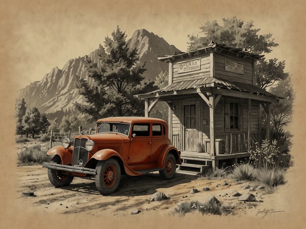 Auf dem Bild ist ein orangefarbenes Auto aus den 1930er Jahren zu sehen, das vor einem alten, holzgebauten Laden steht. Im Hintergrund erheben sich Berge und Bäume, die eine natürliche Landschaft darstellen.### Praktische Informationen für deinen Besuch:1. **Anreise**: Überprüfe die Route zu diesem historischen Ort, möglicherweise in einem Nationalpark oder einer malerischen Region.2. **Parkmöglichkeiten**: Informiere dich über Parkplätze in der Nähe, da der Ort möglicherweise begrenzte Parkmöglichkeiten bietet.3. **Öffnungszeiten**: Achte auf die Öffnungszeiten des Läden oder der Sehenswürdigkeiten in der Umgebung.4. **Verpflegung**: Nimm Snacks oder Wasser mit, da es in ländlichen Gebieten möglicherweise keine Gastronomie gibt.5. **Fotomöglichkeiten**: Der Ort bietet hervorragende Fotomöglichkeiten – vergiss nicht deine Kamera!6. **Wanderungen**: Erkundige dich nach Wanderwegen in der Nähe, um die Natur und die Aussicht zu genießen.Viel Spaß bei deinem Besuch!