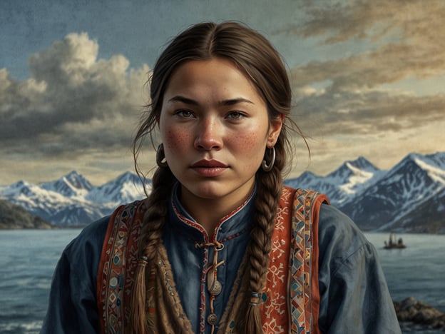 Auf dem Bild ist eine junge Frau abgebildet, die traditionelle samische Kleidung trägt. Diese Tracht ist ein wichtiger Teil der Kultur und Identität der Samen, eines indigenen Volkes, welches in den nordischen Ländern Skandinaviens, einschließlich Norwegen, Schweden, Finnland und Russland, lebt. Die Farben und Muster ihrer Kleidung sind oft regional unterschiedlich und spiegeln sowohl die kulturelle Zugehörigkeit als auch den sozialen Status wider.Historisch gesehen haben die Samen eine enge Verbindung zur Natur entwickelt, insbesondere zur Rentierhaltung, die für ihre Lebensweise von zentraler Bedeutung ist. Die dargestellte Landschaft mit Bergen und Wasser weist auf die raue, aber wunderschöne Umgebung hin, in der die Samen Traditionen und Lebensweisen über Generationen hinweg gepflegt haben.Das Bild könnte auch symbolisch für den Erhalt und die Wertschätzung der indigenen Kulturen in einer sich schnell verändernden Welt stehen. Die Darstellung der Frau in traditioneller Kleidung inmitten einer beeindruckenden Naturkulisse unterstreicht die Wertschätzung für die kulturelle Identität und das Erbe der Samen.