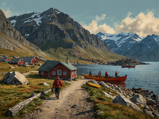Auf dem Bild ist eine malerische Landschaft mit hohen Bergen, einem kleinen Gewässer und traditionellen roten Hütten zu sehen. Besucher könnten hier verschiedene Aktivitäten genießen:1. **Wandern**: Die umliegenden Berge bieten zahlreiche Wanderwege mit atemberaubenden Ausblicken.2. **Kajakfahren**: Die ruhigen Gewässer laden zum Kajakfahren ein, sodass man die Natur aus einer anderen Perspektive erleben kann.3. **Fischen**: Die Gegend scheint ideal zum Angeln zu sein, sowohl von den Booten als auch vom Ufer aus.4. **Fotografie**: Die beeindruckende Landschaft und die farbenfrohen Häuser sind perfekte Motive für Fotografen.5. **Naturbeobachtung**: Die Region könnte eine Vielzahl von Wildtieren beherbergen, ideal für Naturliebhaber und Vogelbeobachter.6. **Kulturelle Erlebnisse**: Eine Erkundung der traditionellen Lebensweise und der Kultur der ansässigen Bevölkerung könnte ebenfalls auf dem Programm stehen.Diese Aktivitäten machen den Ort zu einem attraktiven Ziel für Abenteuer- und Naturfreunde.