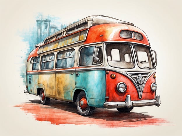 Auf dem Bild ist ein farbenfroher, nostalgischer Bus zu sehen, der an einen alten Wohnmobil oder Reisebus erinnert. Solche Fahrzeuge bieten oft eine komfortable Möglichkeit, zu reisen und verschiedene Orte zu erkunden.Für eine Reise mit einem solchen Bus wären geeignete Unterkünfte Campingplätze oder Caravan-Parks, die genügend Platz und Einrichtungen bieten. Außerdem ist es wichtig, im Voraus die besten Routen zu planen, um die Anreise zu optimieren und die schönsten Landschaften unterwegs genießen zu können.