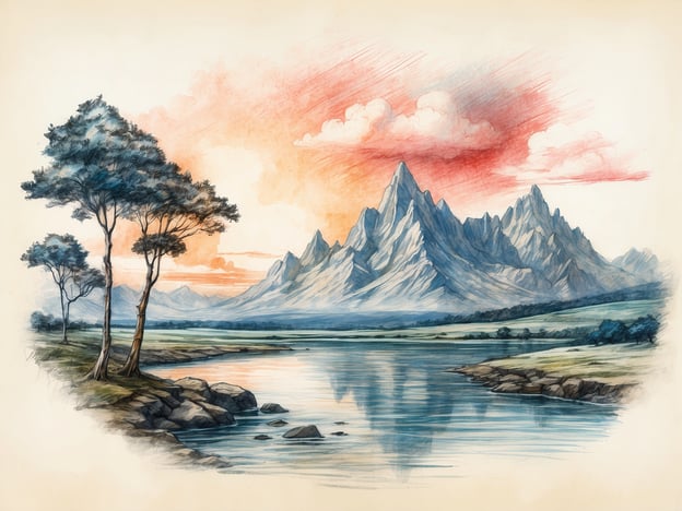 Auf dem Bild ist eine idyllische Landschaft mit hohen Bergen im Hintergrund, einem ruhigen Fluss im Vordergrund und einigen Bäumen am Ufer zu sehen. Die Farbgebung reicht von sanften Blautönen bis hin zu warmen Rottönen am Himmel, was auf einen Sonnenuntergang hinweist.In der Geschichte des Kurparks symbolisiert eine solche malerische Szenerie den Rückzugsort und die Erholung, die Besucher in einem Kurpark finden. Diese Landschaft könnte die ruhige Atmosphäre und die Heilwirkung der Natur darstellen, die in einem Kurpark oft erleben wird. Die Schönheit der Natur hat eine lange Tradition in Kurorten, wo frische Luft und atemberaubende Ausblicke den Genesungsprozess unterstützen.