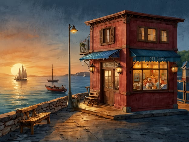 Auf dem Bild sieht man ein charmantes kleines Restaurant in einer Küstenstadt, das am Wasser steht. Die untergehende Sonne sorgt für eine malerische Atmosphäre und beleuchtet die Szenerie in warmen Farben. Im Inneren des Lokals sind Menschen zu sehen, die anscheinend ein köstliches Mahl genießen.Diese Umgebung lädt zu kulinarischen Entdeckungen ein: Frische Meeresfrüchte könnten die Hauptattraktion auf der Speisekarte sein, begleitet von regionalen Spezialitäten und lokalen Weinen. Die Nähe zum Wasser bietet einen direkten Zugang zu frischen Zutaten, die für ein unvergessliches Essen in dieser idyllischen Küstenregion sorgen.