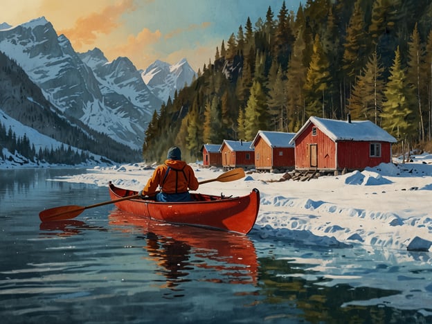 Auf dem Bild sieht man einen Paddler in einem roten Kajak, der entspannt auf einem ruhigen Gewässer paddelt, umgeben von majestätischen Bergen und schneebedeckten Landschaften. Im Hintergrund erkennt man rote Holzhütten, die typisch für die Region Senja sind.Senja bietet eine Vielzahl von Aktivitäten und Abenteuern, darunter Kajakfahren entlang der atemberaubenden Fjorde, Wandern auf malerischen Trails mit spektakulären Ausblicken, sowie die Möglichkeit, die reiche Tierwelt zu beobachten, wie Raubvögel und Seehunde. Im Winter kann man auch Skifahren und Schnee-Events erleben. Die ruhige Schönheit der Natur macht Senja zu einem perfekten Ziel für Outdoor-Enthusiasten.