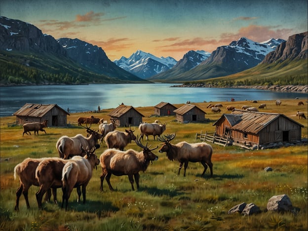 Das Bild zeigt eine idyllische Landschaft mit einer malerischen Kulisse aus Bergen, einem klaren See und traditionellen Holzhäusern. Im Vordergrund grasen verschiedene Rentiere auf saftigem Grün, während im Hintergrund einige Menschen und Weidetiere sichtbar sind.Diese Szenerie erinnert stark an die Region Senja in Norwegen, die bekannt ist für ihre beeindruckende Natur und traditionelle samische Kultur. Die Sami sind bekannt für ihre Rentierzucht, die eine zentrale Rolle in ihrem Lebensstil spielt. Die Landschaft ist geprägt von dramatischen Fjorden, hohen Bergen und einer reichen Tierwelt. Außerdem sind die langen Sommernächte und das Nordlicht, das im Winter zu sehen ist, charakteristisch für diese Region. Senja bietet sowohl ein Umfeld für die traditionelle Lebensweise der Sami als auch Möglichkeiten für Outdoor-Aktivitäten und Naturschönheiten.