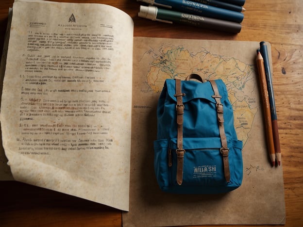 Auf dem Bild ist ein blauer Rucksack zu sehen, der auf einer alten Landkartenunterlage liegt. Daneben befinden sich ein paar Stifte und ein Blatt, das einige handschriftliche Notizen oder eine Anleitung enthält.### Praktische Tipps für deinen Besuch:1. **Packliste erstellen:** Überlege dir, was du für deinen Ausflug benötigst, und packe entsprechend deinen Rucksack. Wasser, Snacks und eine Karte sind immer hilfreich.2. **Kartenstudium:** Nimm dir Zeit, die Karte zu studieren. Vielleicht gibt es interessante Orte, die du besuchen kannst.3. **Notizen machen:** Das Blatt Papier sieht aus, als könnte es nützliche Informationen enthalten. Es ist immer gut, wichtige Details oder Gedanken festzuhalten.4. **Künstlerische Gestaltung:** Wenn du künstlerisch veranlagt bist, bringe die Buntstifte mit und skizziere deine Umgebung oder schreibe deine Erlebnisse auf.5. **Vorbereitung auf das Wetter:** Überprüfe die Wettervorhersage, um sicherzustellen, dass du angemessen gekleidet bist und alle notwendigen Utensilien mitbringst.Viel Spaß bei deinem Abenteuer!