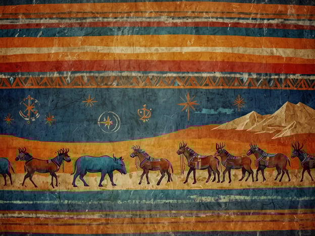 Auf dem Bild sind stilisierte Darstellungen von Tieren, darunter Elche und Büffel, sowie geometrische Muster in kräftigen Farben zu sehen. Diese Motive erinnern an die kulturellen Höhepunkte der indigenen Völker Nordamerikas, die oft in Nationalparks vertreten sind.Solche Darstellungen können Teil von Wandmalereien oder Kunstwerken sein, die die Verbindung der indigenen Kulturen zur Natur und den Tieren, die in diesen Regionen leben, symbolisieren. In Nationalparks finden sich häufig auch historische Stätten und Artefakte, die diese reiche Kultur und Geschichte dokumentieren, zum Beispiel Felsmalereien oder traditionelle Hut- und Wohnformen.Die Verwendung von Farben und Mustern spiegelt zudem die ästhetischen Werte und die Geschichte der jeweiligen Gemeinschaften wider und kann ein wichtiger Teil von kulturellen Veranstaltungen oder Festen binnen des Parks sein.