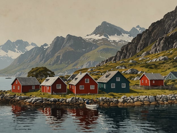 Auf dem Bild sind typische skandinavische Cottages zu sehen, die in lebhaften Farben, hauptsächlich Rot und Grün, gestrichen sind. Diese Art von Architektur findet man häufig in Norwegen oder Schweden, wo sie oft in malerischen Küstenlandschaften stehen.In der Umgebung sieht man eindrucksvolle Berge, die teilweise mit Schnee bedeckt sind, was auf eine wunderschöne, naturbelassene Gegend hinweist. Aktivitäten, die dort stattfinden können, sind Wandern in den Bergen, Bootfahren auf dem ruhigen Wasser, und Angeln in den reichhaltigen Gewässern. Auch das Erkunden der umliegenden Natur und das Genießen der herrlichen Landschaft dürften beliebte Freizeitbeschäftigungen sein.