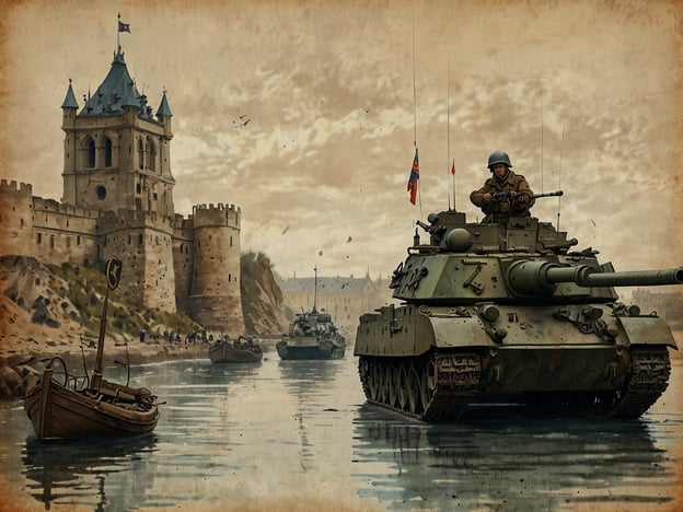 Auf dem Bild sieht man einen Panzer, der auf einem Gewässer fährt, nahe einer Burg oder Festung. Im Hintergrund sind weitere Panzer und Boote zu erkennen, die auf die Küste zusteuern. Die Szenerie vermittelt eine militärische Atmosphäre, die an die Konflikte des Zweiten Weltkriegs erinnert.Historisch gesehen war Narvik, eine Stadt in Norwegen, ein strategisch wichtiger Ort während des Zweiten Weltkriegs. Die Schlacht von Narvik im Jahr 1940 war Teil der deutschen Offensive in Skandinavien. Die Stadt war entscheidend, weil sie als Hafen für den Export von Eisen aus Schweden diente, was für die deutsche Kriegsmaschinerie bedeutend war. Die Alliierten versuchten, die Kontrolle über Narvik und die Umgebung zu sichern, um den Nachschub der Achsenmächte zu unterbrechen. Dies führte zu erbitterten Kämpfen zwischen den deutschen Streitkräften und den britischen sowie norwegischen Truppen in der Region.