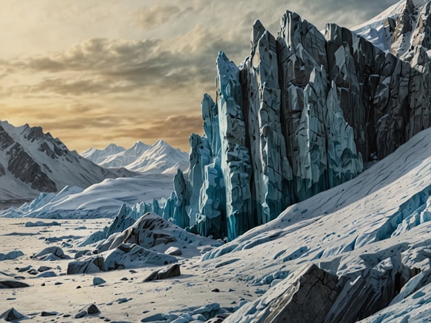 Auf dem Bild sind beeindruckende Gletscherlandschaften zu sehen, mit hohen Eisformationen und schneebedeckten Bergen im Hintergrund.**Wie entsteht ein Gletscher?** Ein Gletscher entsteht, wenn über viele Jahre hinweg Schnee auf einem bestimmten Gebiet anhäuft und sich unter dem eigenen Gewicht verdichtet. Dabei verwandelt sich der Schnee in Eis. Wenn die Eisschicht dicker wird, beginnt sie, sich durch die Schwerkraft zu bewegen. Diese langsame Bewegung führt dazu, dass der Gletscher fließt und sich über das Land erstreckt.