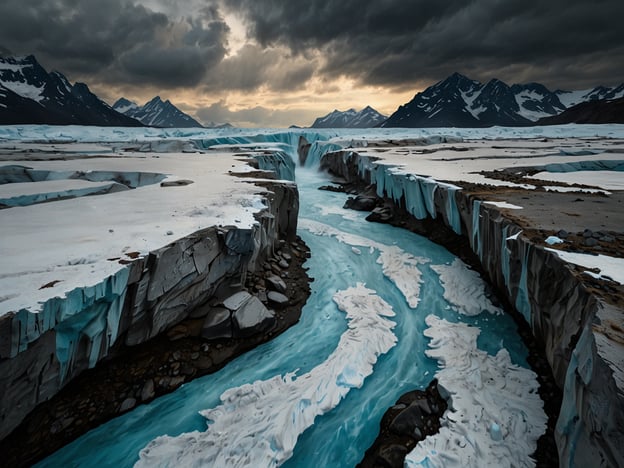 Auf dem Bild ist eine beeindruckende arktische Landschaft zu sehen, die von majestätischen Bergen und einem gefrorenen Szenario geprägt ist. Die schneebedeckten Gipfel kontrastieren mit den tiefblauen Wasserwegen, die sich durch die eisige Umgebung schlängeln. Diese beeindruckenden geologischen und hydrologischen Formationen bieten Wissenschaftlern und Forschern unzählige Möglichkeiten, das Klima und die geologischen Prozesse in polaren Regionen zu studieren.Die Dynamik von Eis und Wasser, die Wechselwirkungen zwischen dem Gletschereis und der Umwelt sowie die Auswirkungen des Klimawandels auf solche empfindlichen Ökosysteme sind Themen von großer Faszination und Bedeutung für die wissenschaftliche Gemeinschaft. Diese Bilder erinnern uns daran, wie wichtig es ist, diese einzigartigen Landschaften zu schützen und zu erforschen.