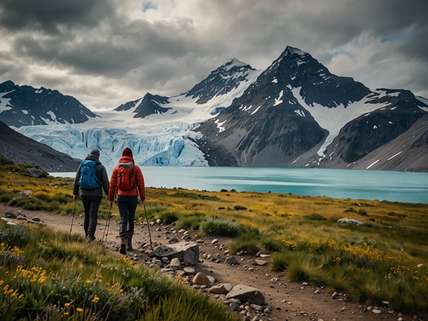 Auf dem Bild ist eine beeindruckende Berglandschaft mit zwei Wanderern zu sehen, die einen Weg entlang gehen. Im Hintergrund erheben sich schneebedeckte Gipfel und ein Gletscher, während im Vordergrund Wiesen mit bunten Blumen blühen und ein turquoise See sichtbar ist.**Zugänglichkeit und Besuchsmöglichkeiten:**Der dargestellte Ort könnte in einem Nationalpark oder Naturschutzgebiet liegen, das Wanderern verschiedene Routen bietet. Es wäre wichtig, vorher Informationen über die Zugänglichkeit einzuholen, da Terrain und Wetterbedingungen variieren können. Viele Wanderwege in solchen Gebieten sind gut ausgeschildert und bieten verschiedene Schwierigkeitsgrade, sodass sowohl erfahrene als auch weniger erfahrene Wanderer die Landschaft genießen können. Zudem sollten Sicherheitsbestimmungen und gegebenenfalls nötige Genehmigungen beachtet werden.