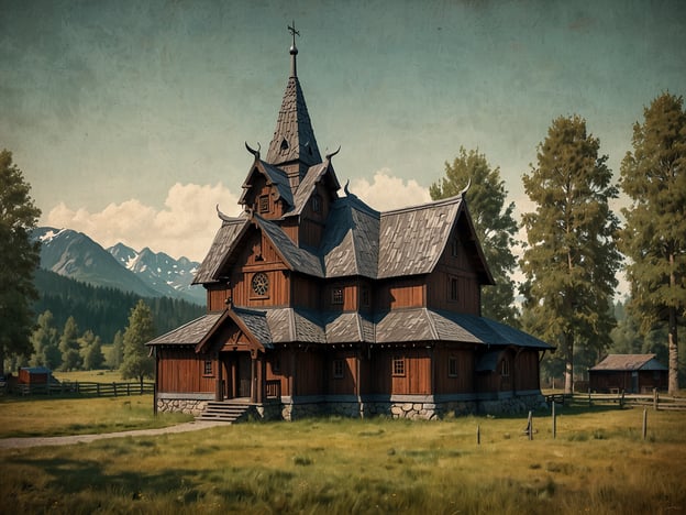 Auf dem Bild ist eine beeindruckende Holzkirche zu sehen, die typischen Eigenschaften architektonischer Highlights in Hallingdal widerspiegelt. Die Kirche verfügt über eine markante, spitz zulaufende Dächer und verzierte Giebel, die häufig in der traditionellen nordischen Architektur zu finden sind. Der Einsatz von hellem Holz und die sorgfältige Detailarbeit sind charakteristisch für die regionale Bauweise.Umgeben von einer malerischen Landschaft mit Bergen im Hintergrund und üppigen Bäumen im Vordergrund, bildet das Gebäude eine harmonische Einheit mit der Natur. Solche Kirchen, wie sie in Hallingdal zu finden sind, sind nicht nur religiöse Stätten, sondern auch bedeutende kulturelle Symbole der Region.