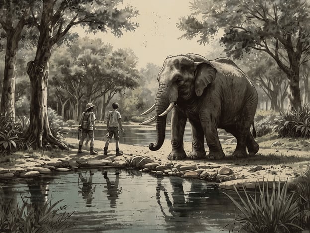 Auf dem Bild sind zwei Kinder zu sehen, die an einem Ufer eines Gewässers stehen und einen Elefanten beobachten. Um diese Szene zu genießen, könnten Familien gemeinsam Aktivitäten planen, wie zum Beispiel:1. **Naturwanderung**: Gemeinsam einen Ausflug in einen nahegelegenen Wald oder Nationalpark machen, um die Tier- und Pflanzenwelt zu erkunden.2. **Tierbeobachtung**: Ausrüstung wie Ferngläser mitbringen und versuchen, verschiedene Tiere in der Natur zu beobachten, ähnlich wie die Kinder auf dem Bild.3. **Mal- oder Zeichenaktivität**: Die Szene oder die beobachteten Tiere in der Natur zeichnen oder malen. So können die Kinder ihre Kreativität ausdrücken.4. **Geschichten erzählen**: Am Wasser sitzen und sich Geschichten über Tiere und Abenteuer in der Natur ausdenken oder vorlesen.5. **Picknick**: Einen schönen Platz im Freien suchen und dort ein gemeinsames Picknick veranstalten.Diese Aktivitäten fördern die Familienbindung und das Interesse an der Natur.