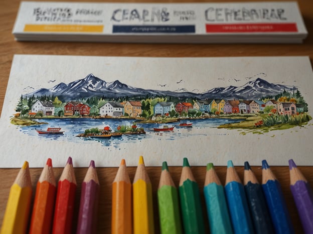 Auf dem Bild ist eine malerische Illustration zu sehen, die eine Küstenlandschaft mit einer idyllischen Siedlung in der Nähe eines Gewässers darstellt, umgeben von Bergen. Es erinnert ein wenig an die charmante Stadt Molde in Norwegen, die für ihre schöne Natur und malerischen Ausblicke bekannt ist.**Reiseinformationen und Tipps für Molde:**1. **Anreise:** Molde ist gut mit dem Auto oder Zug erreichbar. Der nächstgelegene Flughafen ist der Molde Airport, von wo aus Flüge zu größeren norwegischen Städten stattfinden.2. **Sehenswürdigkeiten:** Besuchen Sie die berühmte „Rose Stadt“, die für ihre Gärten und die beeindruckende Aussicht auf den Fjord bekannt ist. Der Aussichtspunkt Varden bietet einen atemberaubenden Blick über Molde und die umliegenden Berge.3. **Aktivitäten:** Genießen Sie Wandertouren in der Umgebung oder machen Sie eine Bootsfahrt auf dem Fjord. Auch Angeln und Kajakfahren sind beliebte Aktivitäten.4. **Essen:** Probieren Sie lokale Spezialitäten in den vielen Restaurants, darunter frische Meeresfrüchte und traditionelle norwegische Gerichte.5. **Feste:** Wenn Sie zur richtigen Jahreszeit reisen, verpassen Sie nicht das Molde International Jazz Festival, das jedes Jahr im August stattfindet und lokale sowie internationale Künstler anzieht.Diese Tipps helfen Ihnen, das Beste aus Ihrem Besuch in Molde herauszuholen!