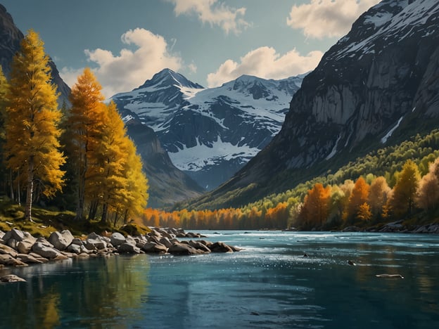 Auf dem Bild ist eine malerische Landschaft mit majestätischen Bergen, einem klaren Fluss und herbstlich gefärbten Bäumen zu sehen. Die Farben des Herbstes verleihen der Szene eine besondere Schönheit.Die beste Reisezeit für einen Besuch dieser Art von Landschaft ist typischerweise im Herbst, wenn die Bäume ihre farbenfrohen Blätter tragen, aber auch im frühen Sommer, wenn die Natur in voller Blüte steht.