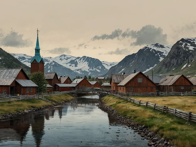 Auf dem Bild ist eine malerische Szene mit roten Holzhäusern, einer Kirche mit einem spitzen Turm und einer ruhigen Wasserstraße zu sehen, umgeben von majestätischen Bergen.Im Kontext der norwegischen Geschichte hat Trondheim eine bedeutende Rolle gespielt, besonders als eine der ältesten Städte Norwegens. Gegründet im Jahr 997 von König Olav Tryggvason, wurde Trondheim zur ersten Hauptstadt Norwegens und spielte eine zentrale Rolle in der Christianisierung des Landes. Die Stadt war das religiöse und kulturelle Zentrum während des Mittelalters und ist bekannt für den Nidarosdom, eine beeindruckende Kathedrale, die als einer der bedeutendsten Pilgerorte des nordischen Christentums galt. Trondheim ist somit nicht nur architektonisch, sondern auch historisch von großer Bedeutung für Norwegen.