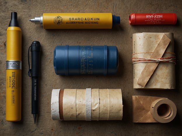 Auf dem Bild sind verschiedene Schreib- und Zeichenutensilien sowie Verpackungsmaterialien zu sehen.**Ausrüstung:**- Gelber Marker- Blauer Stift- Schwarzer Kugelschreiber- Roter Stift- Schmale Papierrollen in unterschiedlichen Farben und Materialien**Vorbereitung:**Die Utensilien scheinen gut organisiert und bereit für kreative Arbeiten oder Notizen. Die Papierrollen könnten für das Verpacken oder für schriftliche Inhalte verwendet werden, was auf eine geplante Aktivität hindeutet.