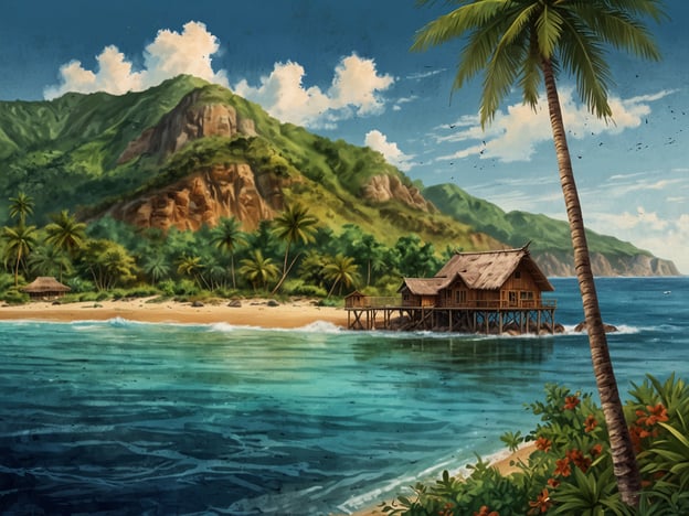 Auf dem Bild ist eine malerische Küstenlandschaft zu sehen, die die faszinierende Natur der Vega-Inseln widerspiegelt. Im Vordergrund erkennt man einen klaren, türkisfarbenen Ozean, der sanft an einen goldenen Sandstrand spült. Umgeben von üppigem, grünem Regenwald erheben sich majestätische Berge im Hintergrund.Ein traditionelles, strohgedecktes Haus auf Stelzen steht direkt am Wasser, während Palmen entspannt in der leichten Brise wiegen. Die Szenerie vermittelt eine ruhige, tropische Atmosphäre, die ideal für Erholung und Entspannung ist. Diese Darstellung lädt dazu ein, die natürliche Schönheit und die beruhigende Umgebung der Vega-Inseln zu genießen.