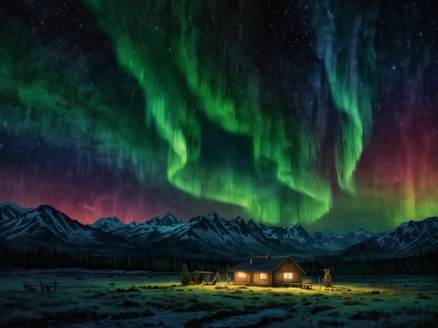 Auf dem Bild sind die beeindruckenden Nordlichter zu sehen, die in strahlenden Grüntönen über einer malerischen Landschaft leuchten. In dieser mystischen Szenerie befindet sich ein kleines, beleuchtetes Holzhaus, umgeben von majestätischen Bergen und einem weiten Feld. Die Nordlichter strahlen mit einer magischen Anziehungskraft, die das Bild in eine traumhafte Atmosphäre taucht und die Schönheit der Natur eindrucksvoll zur Geltung bringt.