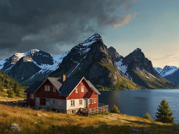Auf dem Bild ist eine malerische Landschaft mit einem roten Holzhaus, umgeben von majestätischen Bergen und einem ruhigen Gewässer zu sehen. Diese Szenerie könnte typisch für ländliche Regionen in Norwegen oder Schweden sein.Um zu dieser Art von Ort zu gelangen, empfiehlt sich die Anreise mit dem Auto, da viele dieser Gebiete abseits von größeren Städten liegen. Die Straßen sind oft gut ausgebaut, jedoch können sie in bergigen Regionen schmaler und kurviger sein. Für Reisende, die nicht mit dem eigenen Fahrzeug anreisen, bietet sich gegebenenfalls der Zug bis zur nächsten Stadt an, gefolgt von einem Bus oder Mietwagen. In der Umgebung dürfte es einige Wanderwege geben, die die Schönheit der Natur näherbringen, sowie eventuell Unterkunftsmöglichkeiten in ähnlichen traditionellen Häusern oder Hütten.