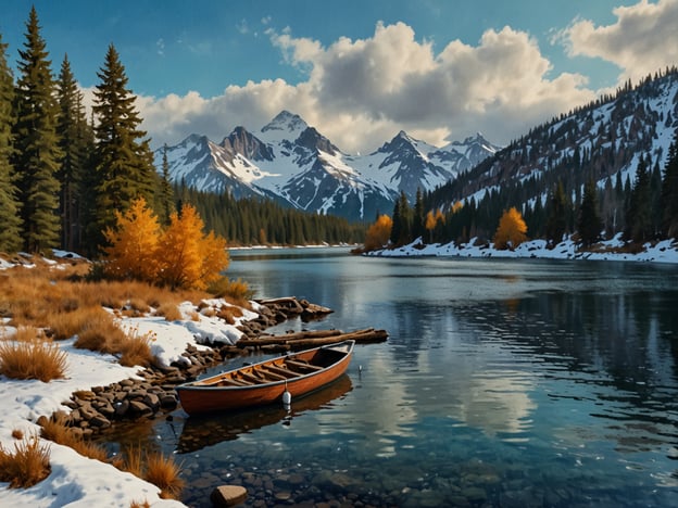 Auf dem Bild ist eine malerische Landschaft zu sehen, die einen ruhigen See zeigt, umgeben von majestätischen Bergen und dichten Wäldern. Der Uferbereich ist mit schneebedeckten Steinen und schilfartigen Pflanzen geschmückt, während ein leeres Boot am Ufer liegt. Herbstliche Bäume bringen Farbtupfer in Form von goldenen Blättern in die Szene.Die beste Zeit für einen Besuch dieser Art von Landschaft wäre im Herbst, wenn die Farben besonders lebendig sind und das Wetter mild, ideal zum Wandern und Fotografieren. Die schneebedeckten Berge im Hintergrund bieten zudem einen atemberaubenden Kontrast zur herbstlichen Vielfalt.