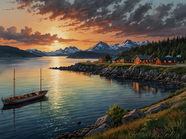 Auf dem Bild ist eine malerische Landschaft zu sehen, mit einem ruhigen Gewässer, einer kleinen Segelyacht und einer Gruppe von roten Häusern, die am Ufer stehen. Die Szene ist von beeindruckenden Bergen umgeben, die mit Schnee bedeckt sind, und ein wunderschöner Sonnenuntergang färbt den Himmel in warmen Tönen.Für dein Abenteuer könntest du mit dem Auto oder einer Fähre anreisen, um diese idyllische Gegend zu erreichen. Es gibt zahlreiche Unterkünfte in den roten Häusern, die dir einen komfortablen Aufenthalt mit Blick auf die Natur bieten. Diese Umgebung eignet sich perfekt für Aktivitäten wie Wandern, Bootfahren und einfaches Entspannen in der Natur.