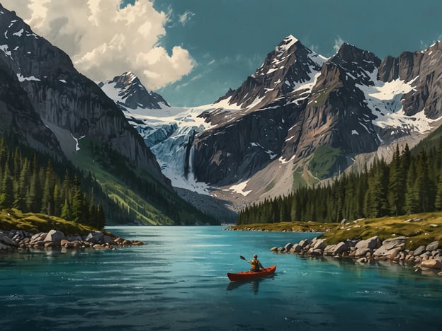 Auf dem Bild ist eine wunderschöne Landschaft zu sehen, die typisch für einen Nationalpark ist. Ein Kajakfahrer paddelt durch ruhiges, klareres Wasser, umgeben von mächtigen Bergen und einer beeindruckenden Gletscherlandschaft.In einem Nationalpark könnte man hier verschiedene Aktivitäten genießen, wie zum Beispiel:1. **Kajakfahren**: Die ruhigen Gewässer bieten die perfekte Gelegenheit, die Natur vom Wasser aus zu erkunden und die umliegenden Berge aus einer einzigartigen Perspektive zu bewundern.2. **Wandern**: Es gibt zahlreiche Wanderwege, die durch die beeindruckenden Landschaften führen, wo man Tiere beobachten und die Pflanzenwelt entdecken kann.3. **Fotografie**: Die malerische Kulisse lädt dazu ein, die Schönheit der Natur festzuhalten, von den schneebedeckten Gipfeln bis zu den glitzernden Wasseroberflächen.4. **Naturbeobachtungen**: Der Nationalpark bietet Möglichkeiten, Wildtiere wie Vögel und andere Tiere in ihrem natürlichen Lebensraum zu beobachten.5. **Picknicken**: An idyllischen Plätzen am Wasser kann man eine Pause einlegen und die frische Luft und die Aussicht genießen.Solch eine Umgebung bietet ein unvergessliches Naturerlebnis.