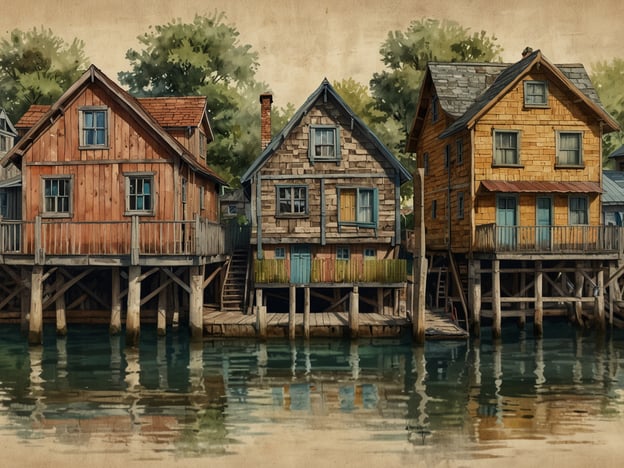 Auf dem Bild sind malerische, farbenfrohe Holzhäuser zu sehen, die auf Pfählen direkt am Wasser stehen. Diese Art von Architektur erinnert an die traditionellen Gebäude in Skudeneshavn, einer charmanten Stadt in Norwegen, die für ihre gut erhaltenen Holzhäuser und ihren historischen Hafen bekannt ist.Kulturelle Highlights in Skudeneshavn umfassen das maritime Erbe, das in Museen und bei Hafenfesten gefeiert wird. Die Stadt zieht mit ihren malerischen Gassen und der friedlichen Atmosphäre viele Touristen an, die die Schönheit und Geschichte der Gegend erleben möchten. Besondere Veranstaltungen und lokale Märkte tragen zur lebendigen Kultur der Stadt bei.