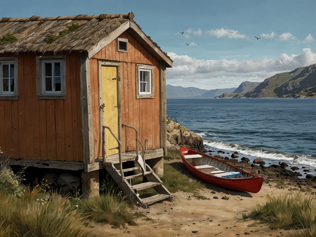Auf dem Bild ist eineromantische Küstenlandschaft zu sehen. Im Vordergrund steht eine rustikale Holz-hütte mit einer gelben Tür, die eine einladende Atmosphäre verbreitet. Daneben liegt ein rotes Kanu am Strand, das ideal für einen Ausflug aufs Wasser wäre.In der Umgebung lädt die malerische Küste zu verschiedenen Aktivitäten ein, wie beispielsweise Kajakfahren oder Angeln. Die sanften Wellen und der klare Himmel schaffen eine perfekte Kulisse für ein Picknick am Strand oder entspanntes Lesen in der Sonne. Wanderungen entlang der Küste könnten ebenfalls unternommen werden, um die atemberaubende Natur zu erkunden. Die Ruhe der Szenerie bietet die Möglichkeit, die Seele baumeln zu lassen und den Alltagsstress hinter sich zu lassen.