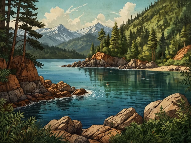 Auf dem Bild ist eine malerische Landschaft mit einem ruhigen Gewässer, umgeben von hohen Bergen und dichten Wäldern zu sehen. Die Szene lädt ein zu Aktivitäten wie Kajakfahren oder Stand-Up-Paddling auf dem Wasser.Die Felsen am Ufer bieten eine perfekte Gelegenheit für ein Picknick oder um die Natur zu erkunden. Wandern in den umliegenden Bergen könnte ebenfalls ein erlebnisreicher Zeitvertreib sein, während die klare Luft und die schöne Aussicht ein Gefühl von Freiheit und Erholung vermitteln. Ein Besuch in dieser idyllischen Umgebung macht es leicht, die Seele baumeln zu lassen und die Schönheit der Natur zu genießen.