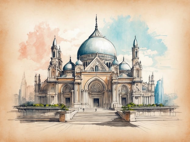 Auf dem Bild ist eine prächtige Architektur im historischen Stil zu sehen, die durch ihre großen Kuppeln und filigranen Türme besticht. Die Fassade zeigt eine Kombination aus traditionellen Elementen, wie Bögen und Säulen, und ist mit kunstvollen Verzierungen ausgestattet. Der Einsatz von Farben und der künstlerische Hintergrund verleihen dem Gesamtbild eine harmonische Atmosphäre.Das Bauwerk könnte als eine Art Kirche oder Palast interpretiert werden, wobei die gewölbten Dächer und die embellierte Gestaltung auf eine bedeutende kulturelle oder religiöse Bedeutung hindeuten. Die Umgebung wird von einer weitläufigen Treppe und Grünflächen ergänzt, die den eindrucksvollen Eingang des Gebäudes betonen.
